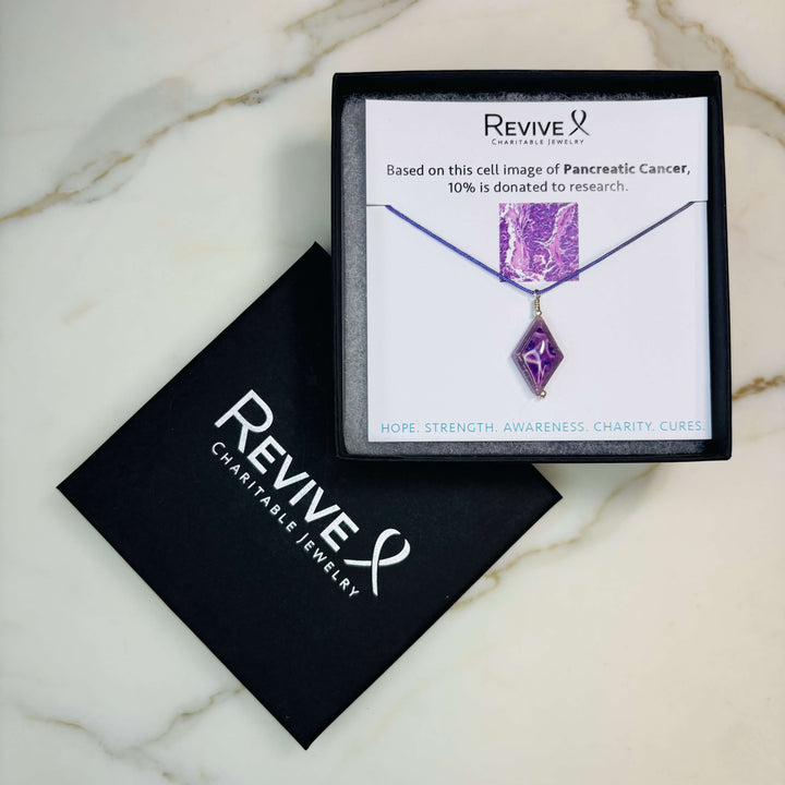diamond shaped lepidolite stone pendant necklace on purple cord featuring pancreatic cancer cell image with product packaging
