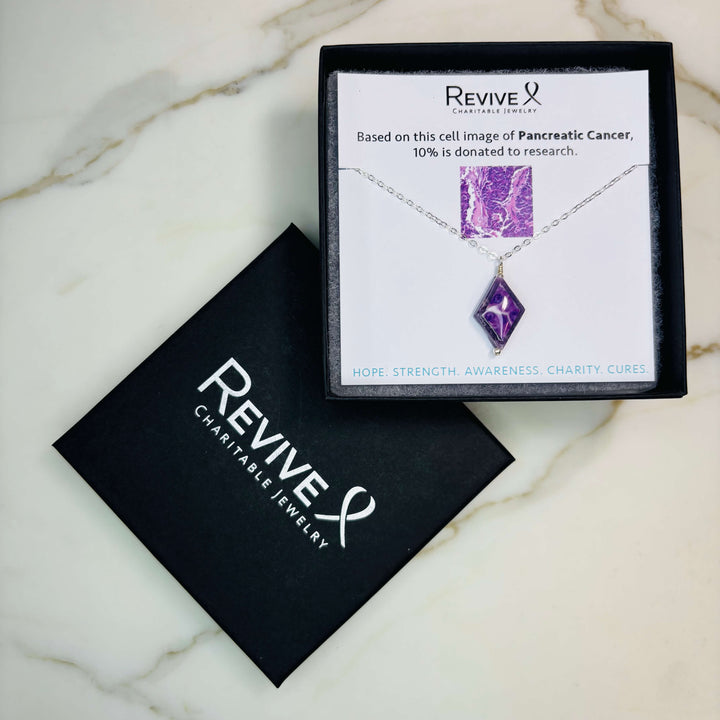 diamond shaped lepidolite stone pendant necklace on sterling silver chain featuring pancreatic cancer cell image with product packaging