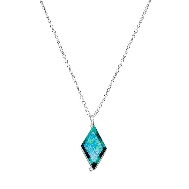 close up of diamond shaped african turquoise stone pendant necklace on sterling silver chain featuring Alzheimer's cell image in resin