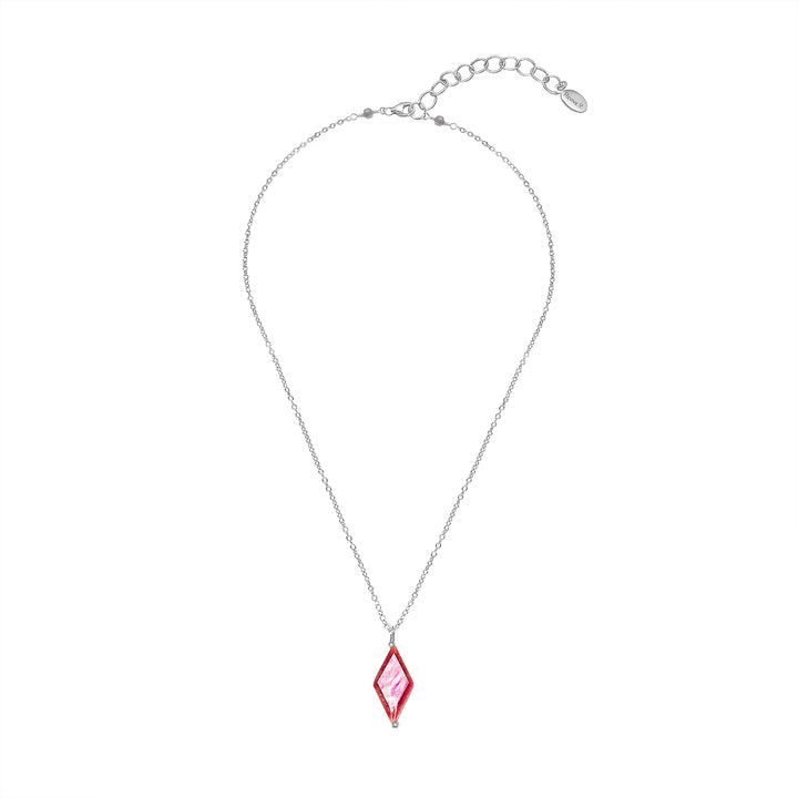 diamond shaped pink rhodonite stone pendant necklace on Sterling silver  chain featuring breast cancer cell image in resin