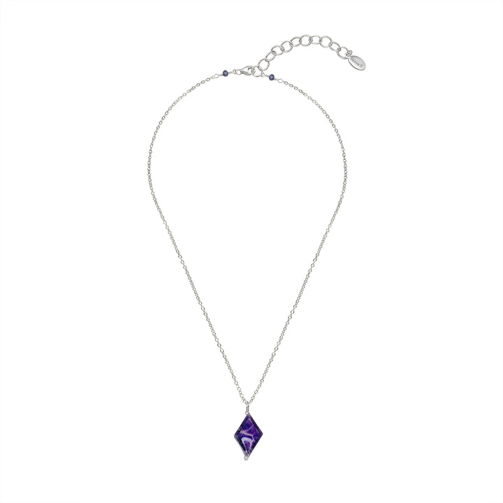 diamond shaped lepidolite stone pendant necklace on Sterling silver chain featuring pancreatic cancer cell image in resin