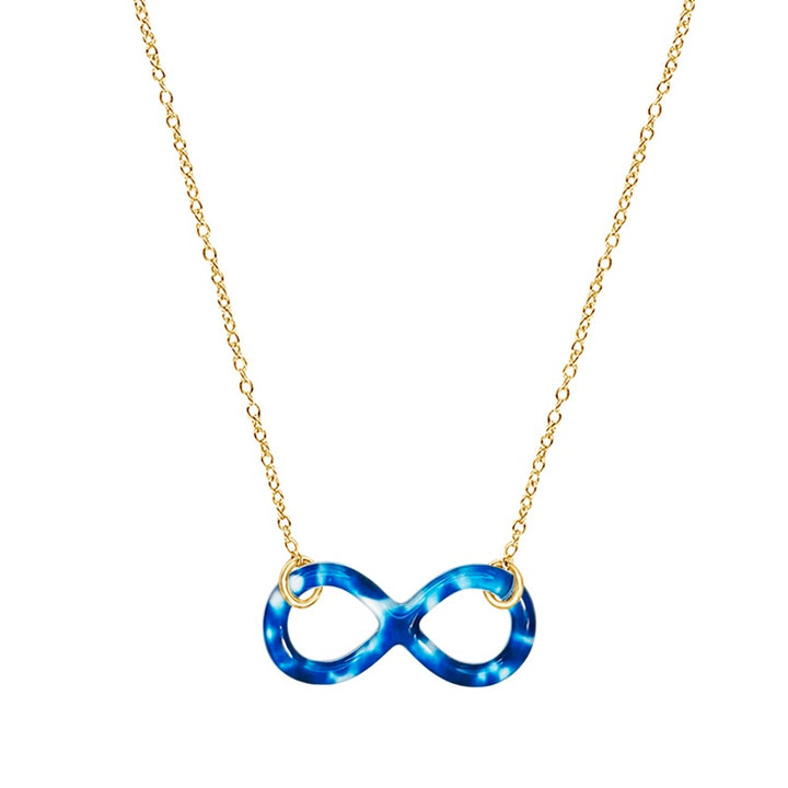 close up of childhood cancer cell image infinity symbol pendant with resin and gold filled chain necklace