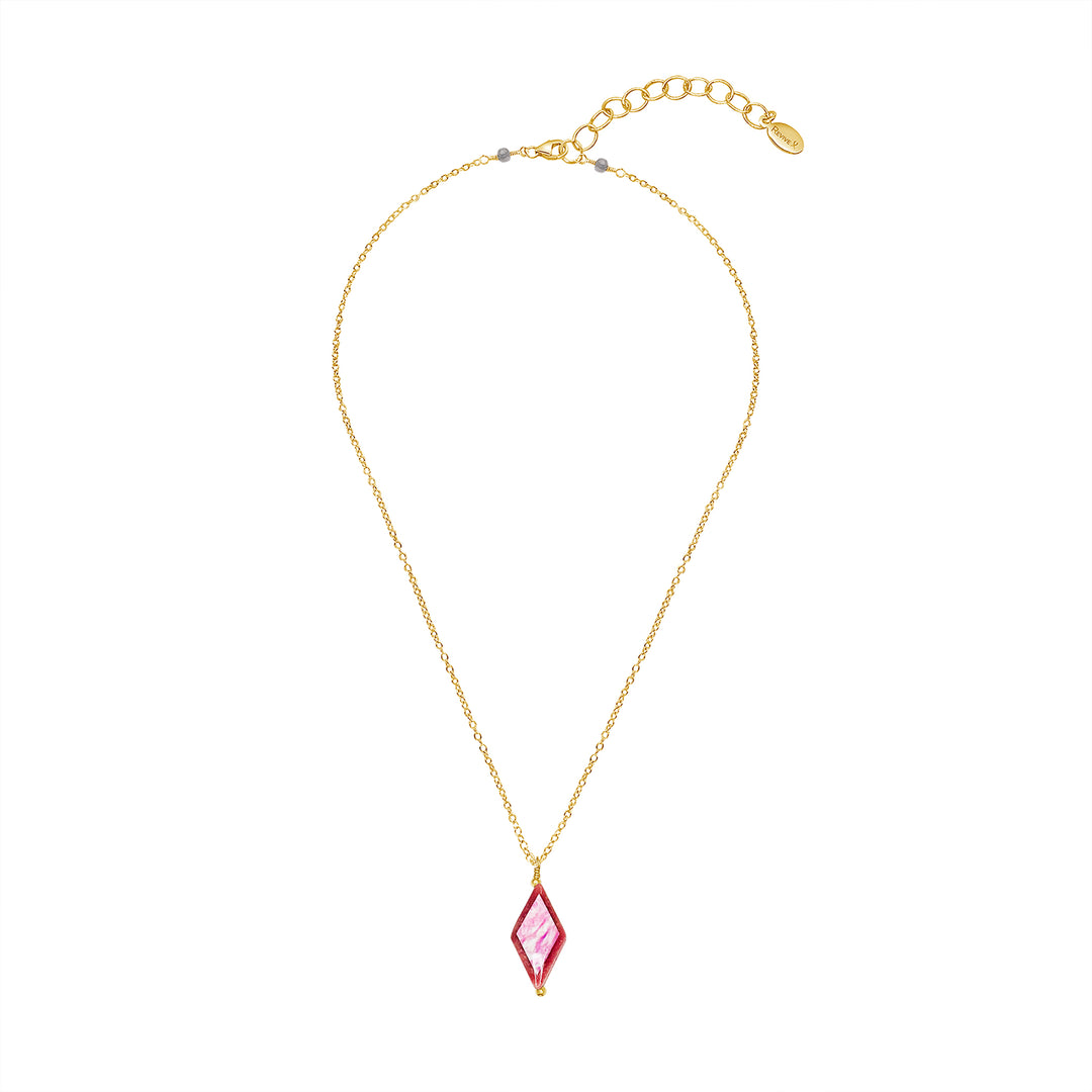 diamond shaped pink rhodonite stone pendant necklace on gold filled chain featuring breast cancer cell image in resin