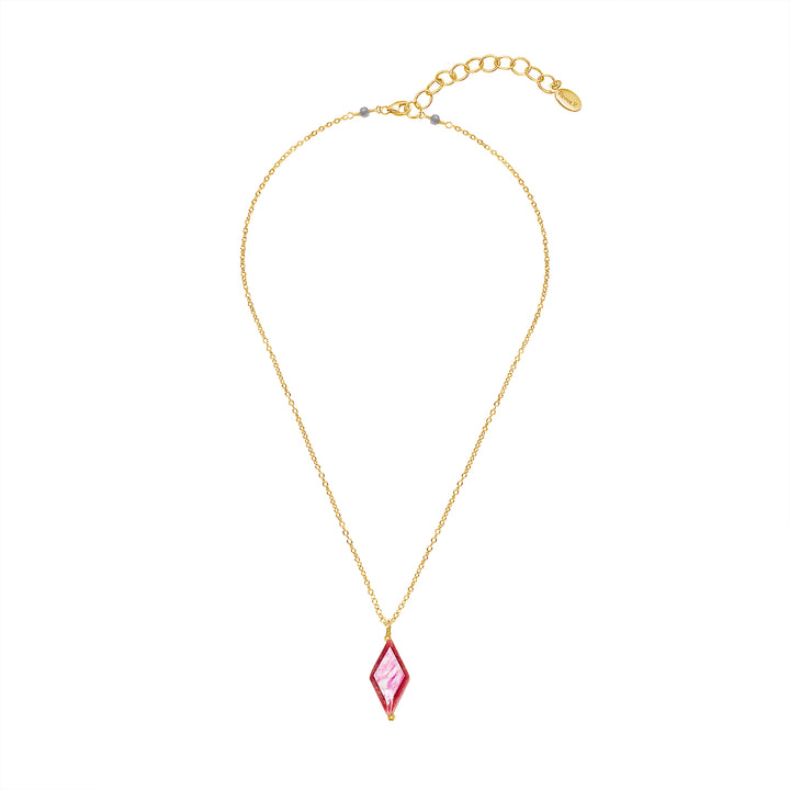 diamond shaped pink rhodonite stone pendant necklace on gold filled chain featuring breast cancer cell image in resin