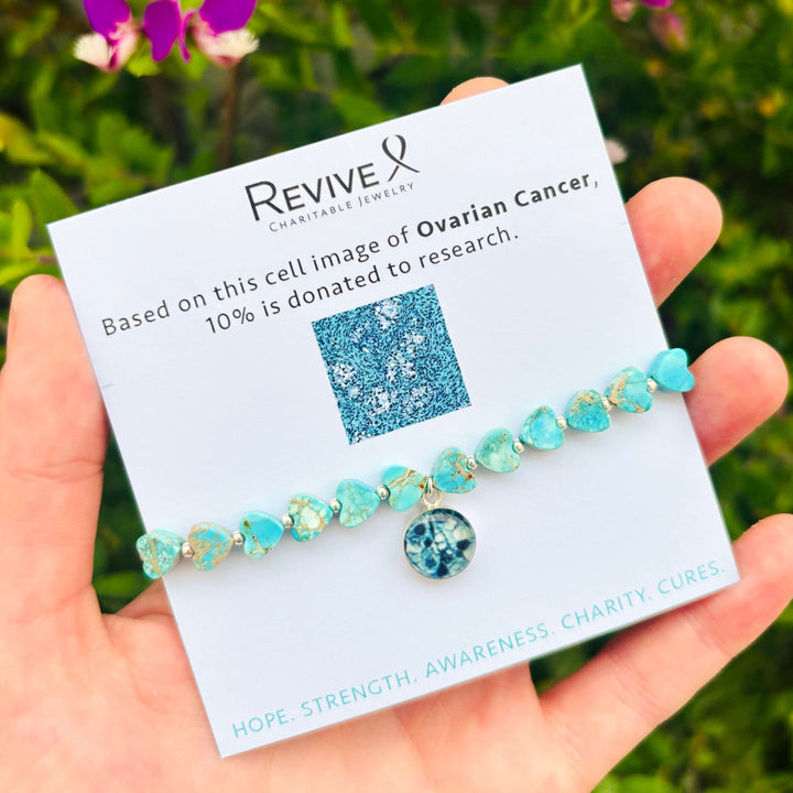Blue sea sediment jasper heart shaped bead bracelet with silver accent beads and round ovarian cancer cell image in resin pendant on product packaging