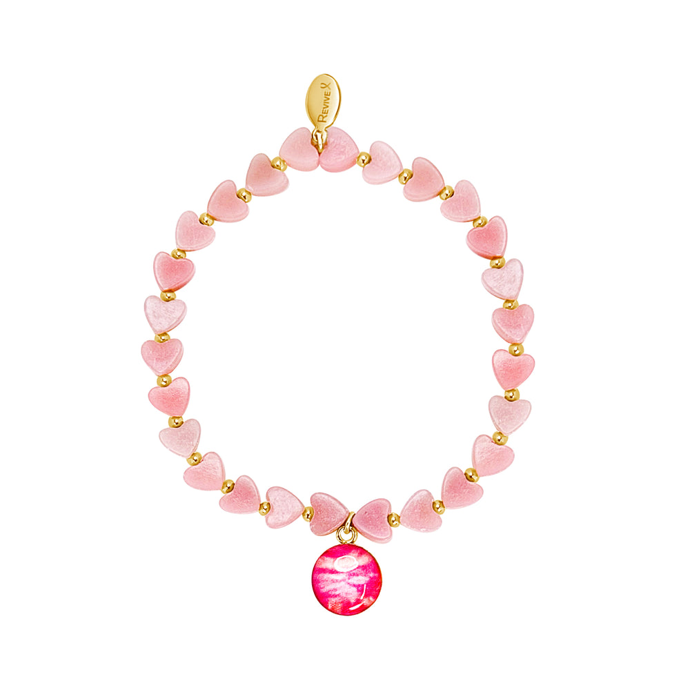 pink opal heart shaped bead bracelet with gold plated accent beads and round breast cancer cell image in resin pendant in gold filled