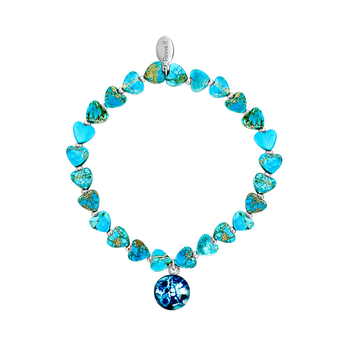 blue sea sediment jasper heart shaped bead bracelet with sterling silver accent beads and round ovarian cancer cell image in resin pendant