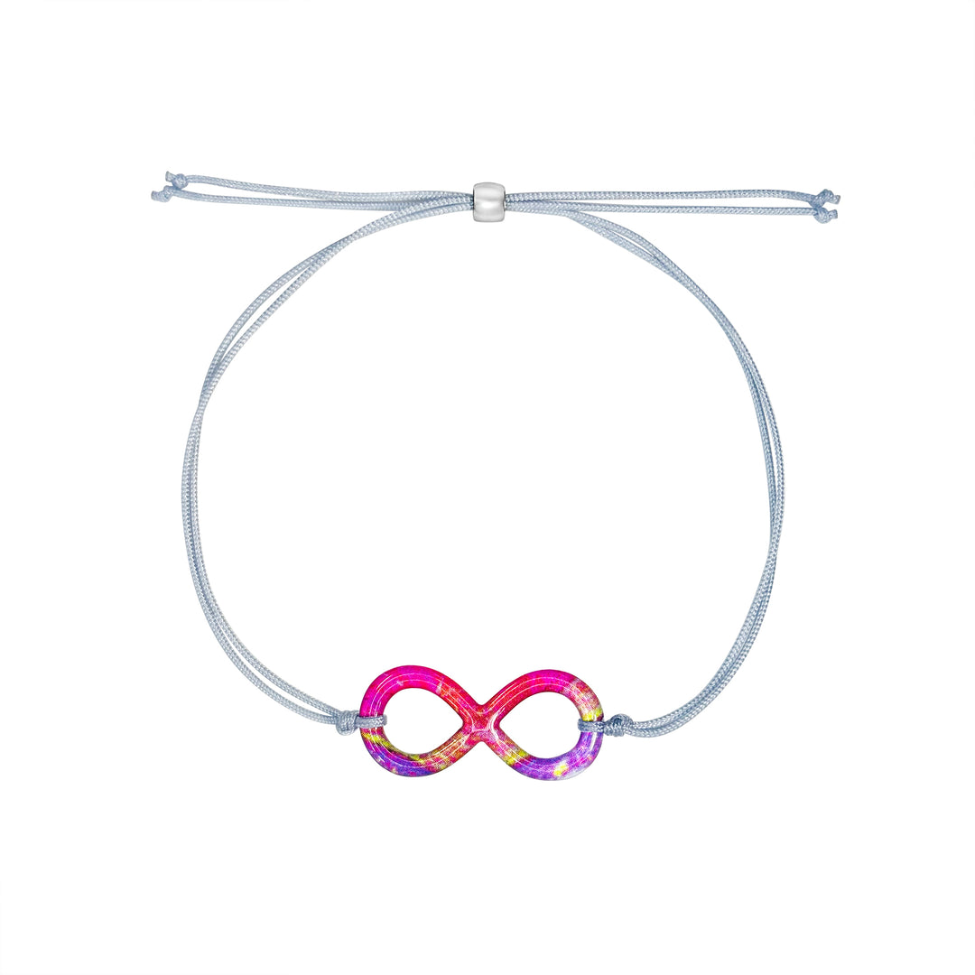 infinity symbol pendant with heart disease cell image in resin with adjustable gray cord and Sterling silver slide bead 