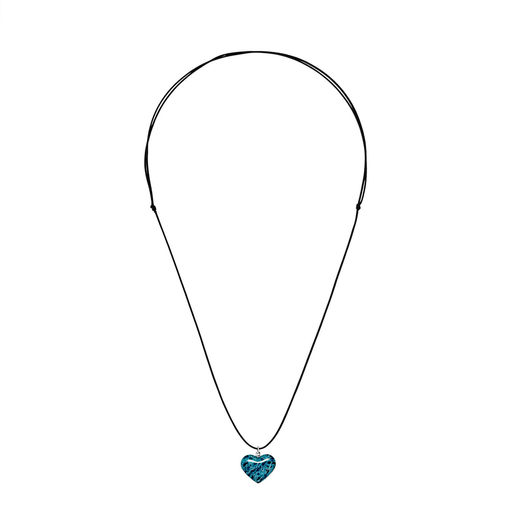 heart shaped necklace with ovarian cancer awareness cell image in resin pendant on adjustable black cord