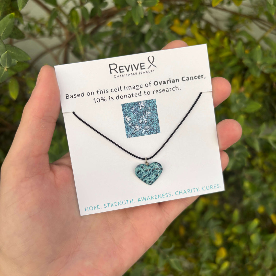 heart shaped necklace with ovarian cancer awareness cell image in resin pendant with product packaging