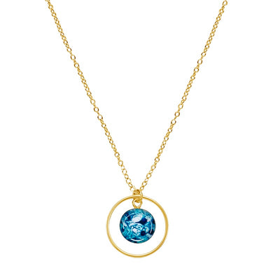 close up of hoop pendant ovarian cancer necklace with teal cell image in resin pendant and 14k gold filled chain
