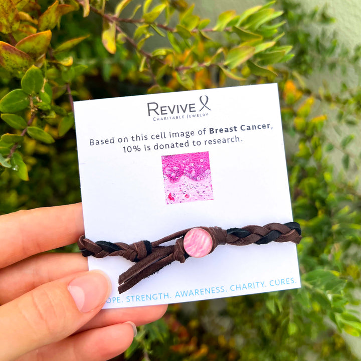 brown and black guys leather bracelet with round breast cancer cell image in resin pendant on product packaging card