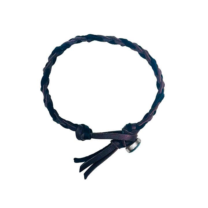 top view of brown and black guys leather bracelet with round breast cancer cell image in resin pendant