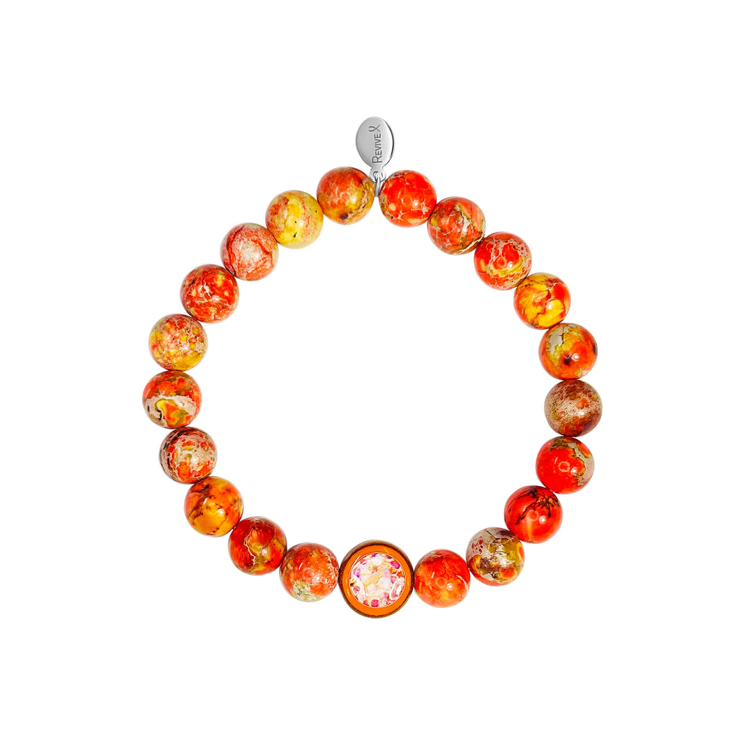 orange sea sediment jasper stone stretch bracelet with leukemia cell image in resin pendant