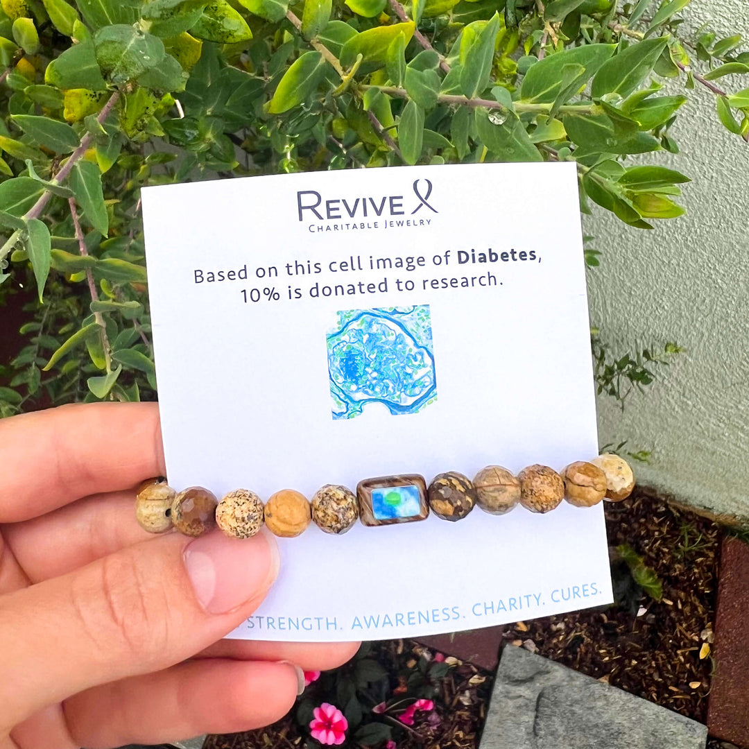 mens bracelet with picture jasper and diabetes cell image in resin pendant on stretch cord on product packaging card