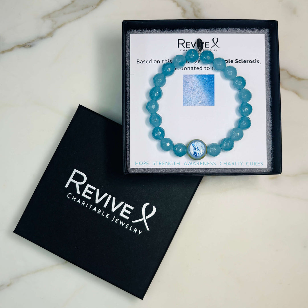 light blue sponge quartz stone stretch bracelet with multiple sclerosis cell image in resin pendant with product packaging