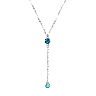 close up of Teal blue Ovarian Cancer necklace with blue apatite stones in sterling silver