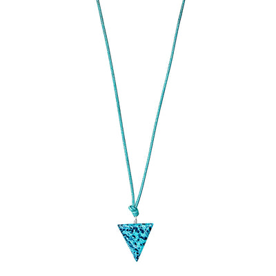 Close up of Ovarian Cancer Awareness Necklace with triangle Pendant on adjustable teal blue cord