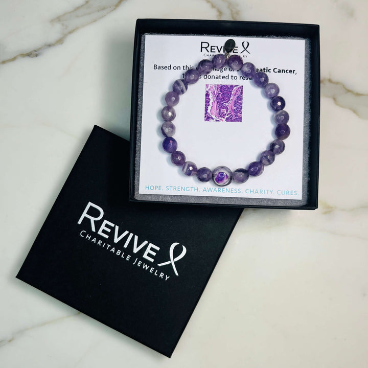purple teeth amethyst stone stretch bracelet with pancreatic cancer cell image in resin pendant with product packaging