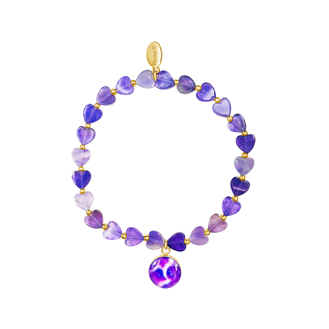 purple heart shaped amethyst beads and small gold spacer beads on stretch cord with round pancreatic cancer cell image in resin pendant