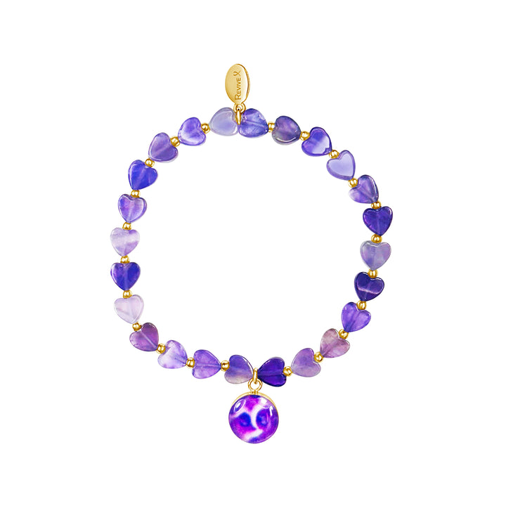 purple heart shaped amethyst beads and small gold spacer beads on stretch cord with round pancreatic cancer cell image in resin pendant