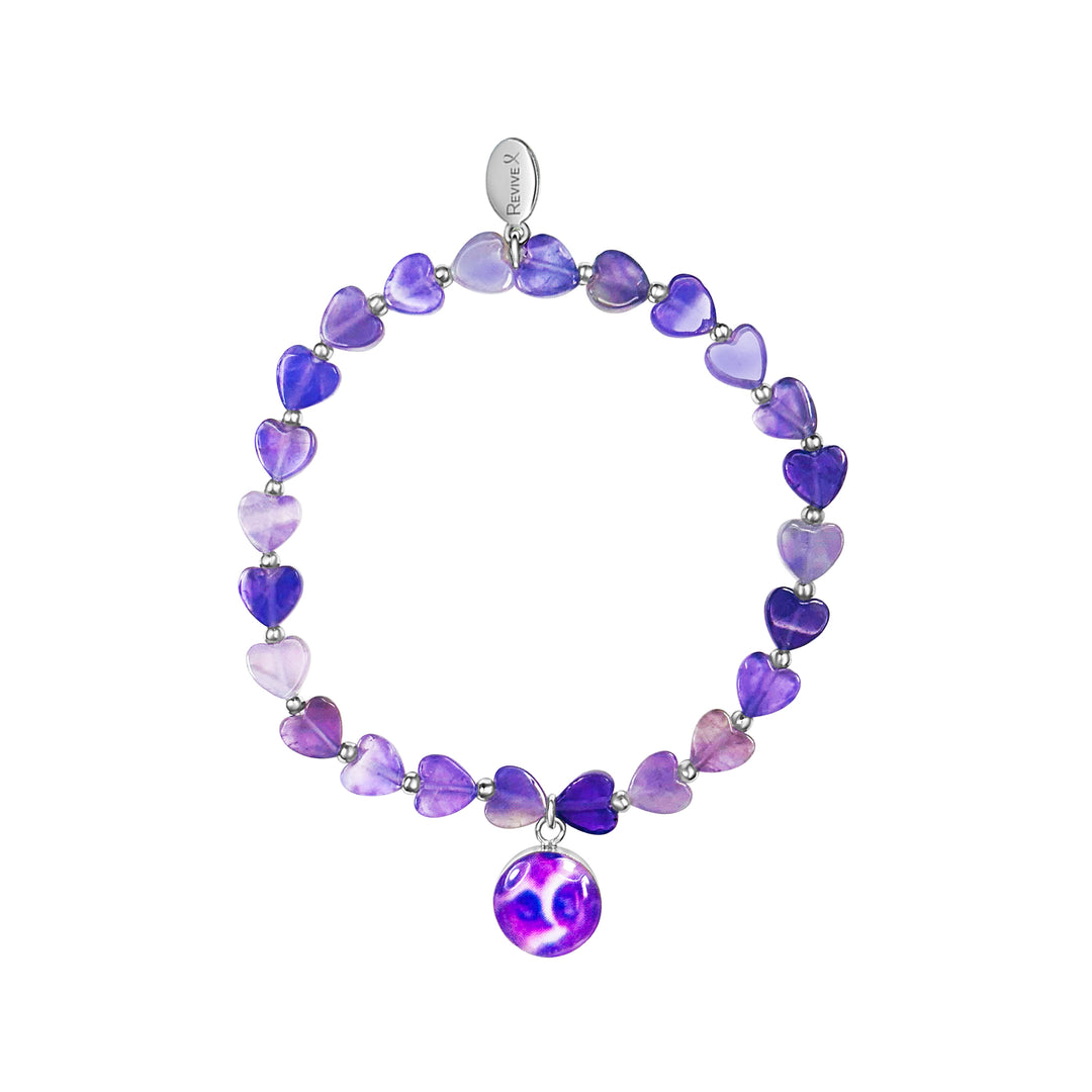 purple heart shaped amethyst beads and small Sterling silver spacer beads on stretch cord with round pancreatic cancer cell image in resin pendant