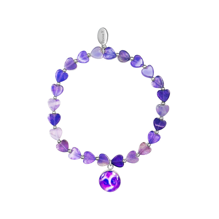 purple heart shaped amethyst beads and small Sterling silver spacer beads on stretch cord with round pancreatic cancer cell image in resin pendant