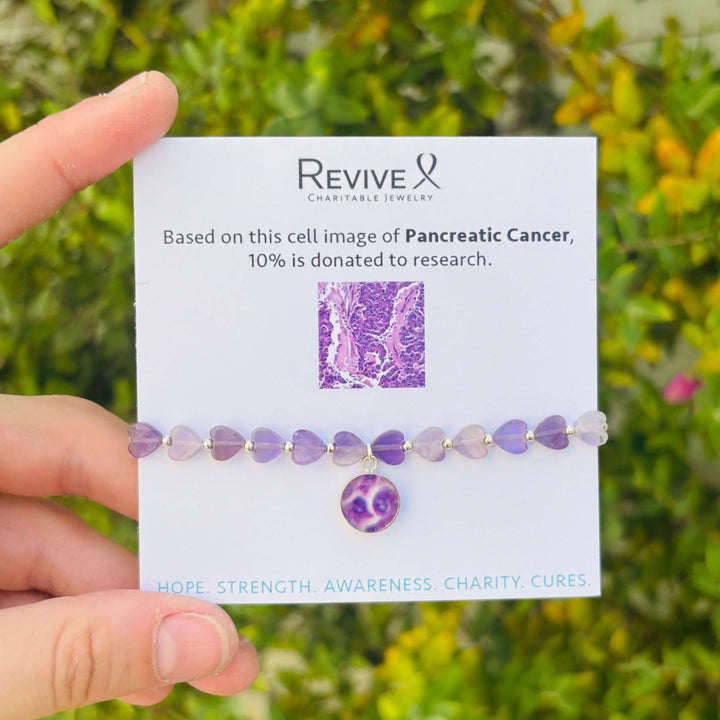 purple heart shaped amethyst beads and small Sterling silver spacer beads on stretch cord with round pancreatic cancer cell image in resin pendant on product packaging
