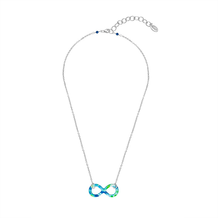 infinity symbol pendant with diabetes cell image in resin and sterling silver chain