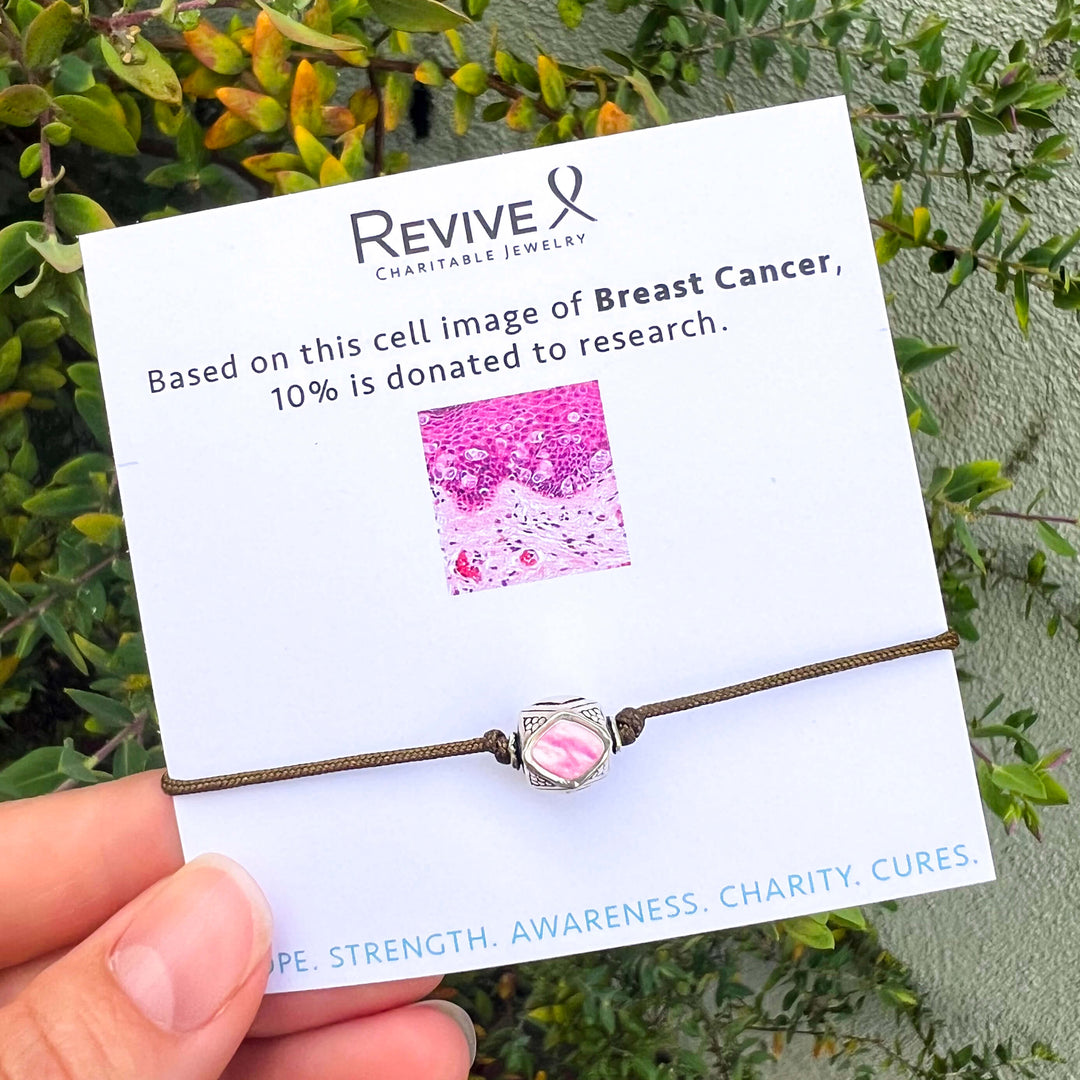 mens Sterling silver breast cancer cell image in resin pendant on brown adjustable cord on product packaging card
