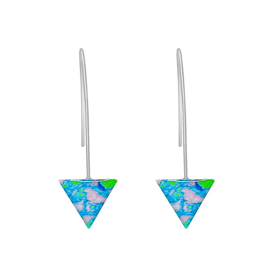 Triangle shaped sterling silver Alzheimer's awareness earrings feature a resin coated Alzheimer's cell.