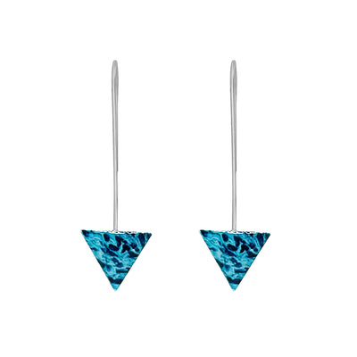 Triangle shaped sterling silver Ovarian Cancer awareness earrings feature a resin coated Ovarian Cancer cell.