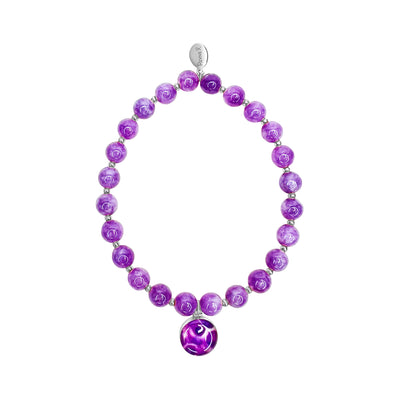 pancreatic cancer bracelet with purple cloudy jade and Sterling silver bead accents with round cell image in resin pendant