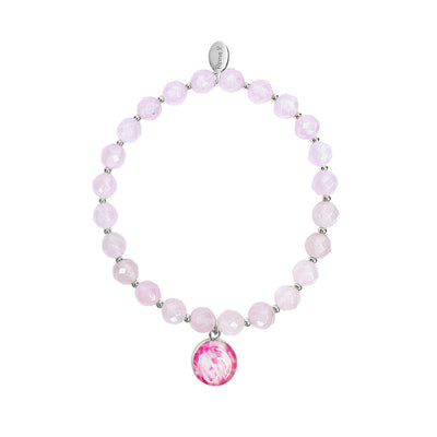 stretch pink breast cancer bracelet with faceted rose quartz stones and Sterling silver beads with round cell image in resin pendant