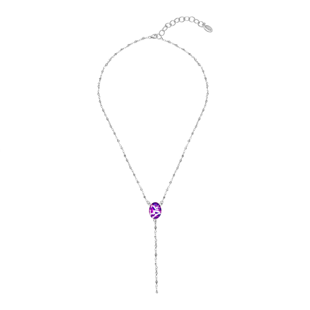 y necklace for pancreatic cancer with cell image resin pendant and rosary style silver pyrite linked chain