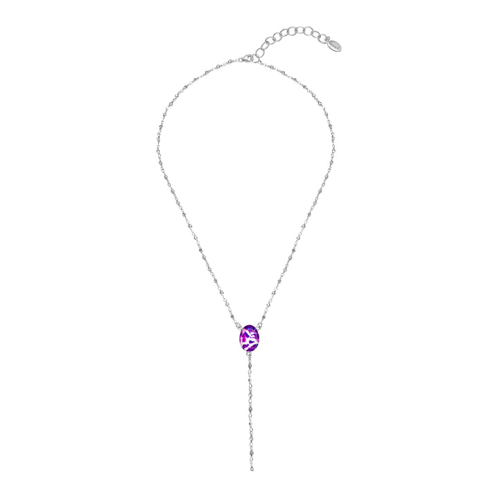 y necklace for pancreatic cancer with cell image resin pendant and rosary style silver pyrite linked chain