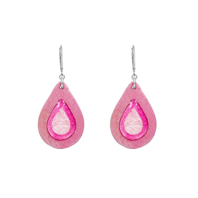 teardrop earrings for breast cancer with wood, resin and Sterling silver lever backs