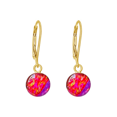 red and purple round dangle earrings for heart disease awareness in gold filled