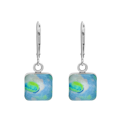 Square Alzheimer's awareness earrings in sterling silver with blue and lime green hanging pendants in resin