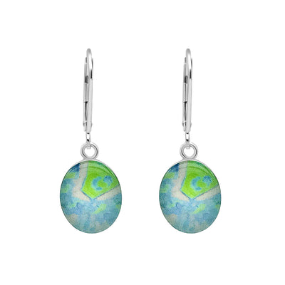 Alzheimer's awareness earrings in sterling silver with blue and lime green hanging pendant in resin. 