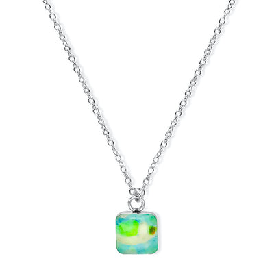 Alzheimer's Necklace in sterling silver with green square pendant.