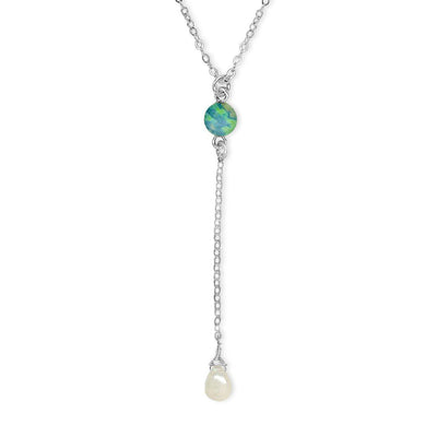 Chaindrop Alzheimer's necklace in sterling silver with green and blue resin pendant and opal stone. 