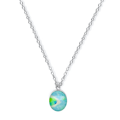 Alzheimer's awareness necklace in sterling silver with an oval pendant in blue and green.