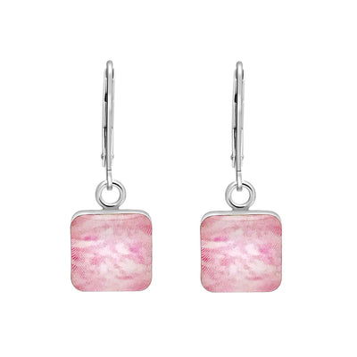 Pink breast cancer awareness earrings in sterling silver and square shaped resin pendants. 