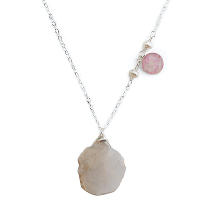 Breast cancer awareness necklace close up with peach moonstone and pearls