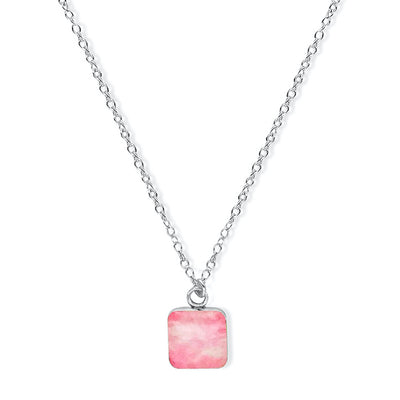 Square Breast Cancer Necklace in sterling silver with Pink Pendant.