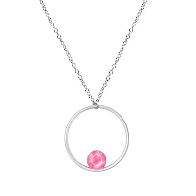 Close up of Pink breast cancer awareness necklace for charity in Sterling silver 