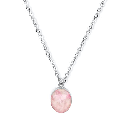 Breast Cancer Necklace in sterling silver with a hand cut oval pendant of Breast Cancer cell image in resin.