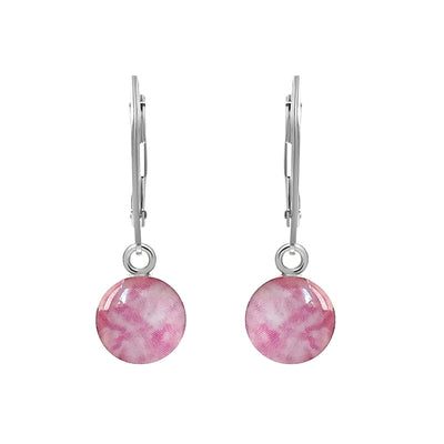 Pink sterling silver breast cancer earrings for Breast Cancer awareness with resin pendants on lever backs.