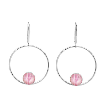 unity hoop earrings for breast cancer awareness, sterling silver large hoops with smaller circular pendants at bottom of breast cancer science image under resin